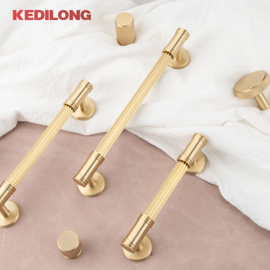 KEDLO French modern light luxury solid brass gold stripe long handle kitchen cabinet Pull handle drawer T handle