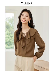 VIMLY Women's Office Lady Casual Fashion Spliced T-shirt Autumn  Ruffle Neck With Lace-up Loose Long Sleeve Pleated Pullovers