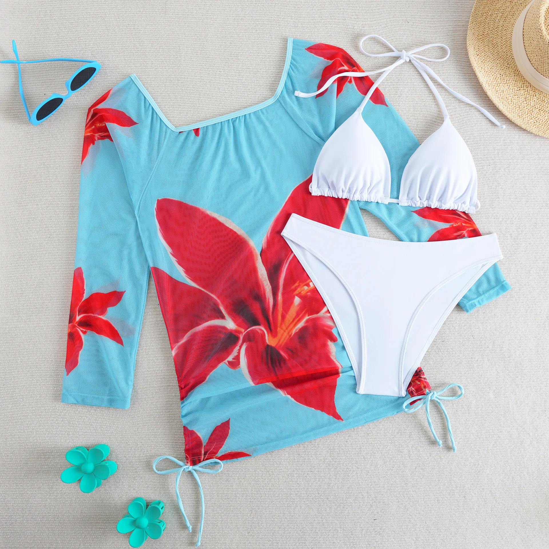 Bathing Suit Women Stylish And Sexy European And American Flower Print Women's Lace-up Bikini Summer Beach Three-piece Set