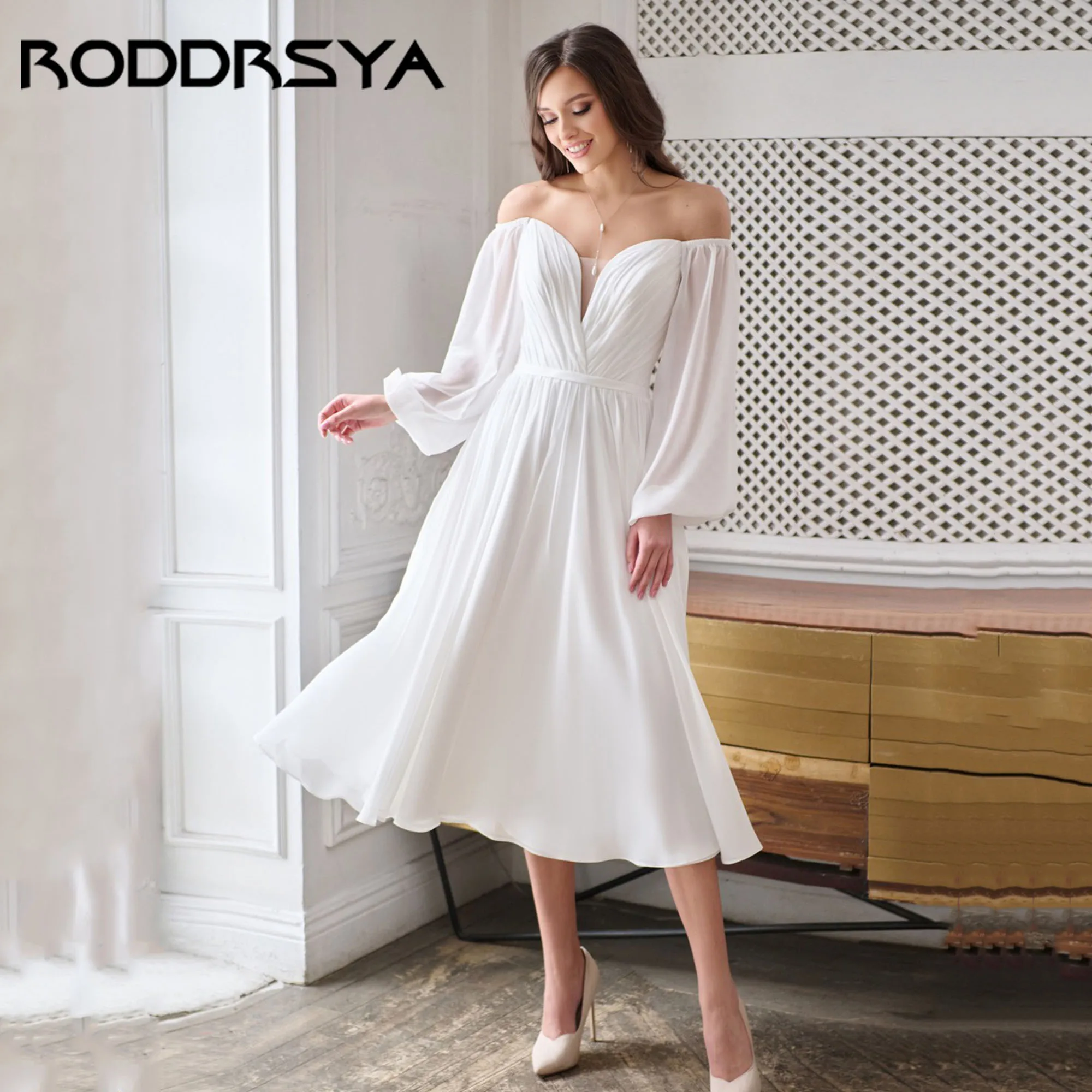 

RODDRSYA Off shoulder Wedding Gowns Chiffon A-Line Puff Sleeve Simple Bridal Dresses Backless Boho vestidos de novia Customized