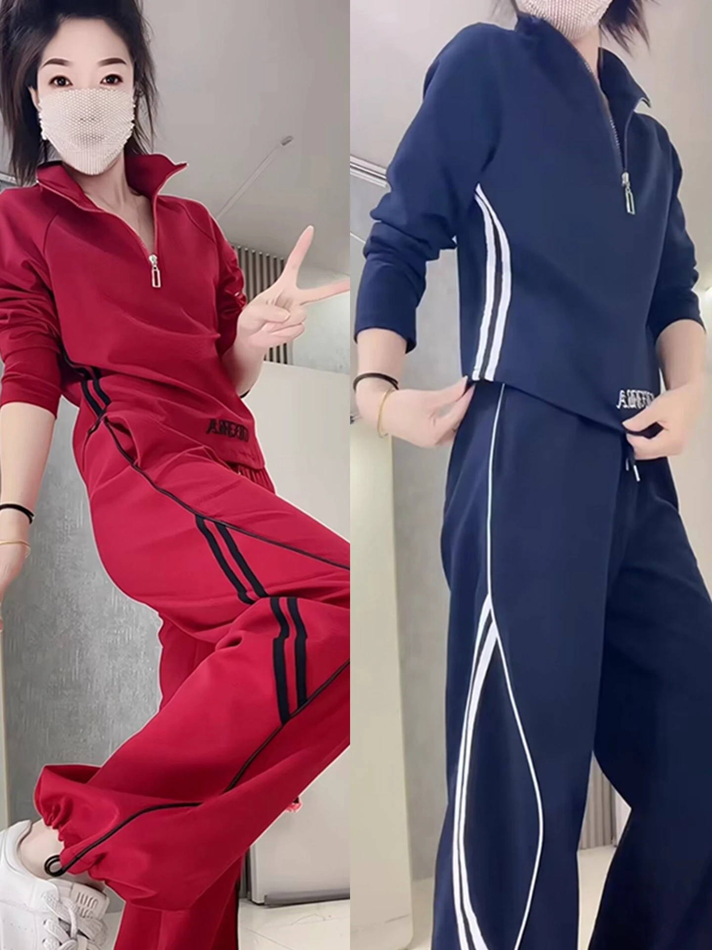 Faionable Casual Women's Set Autumn New Sle Youthful Stand Collar Zipper Top Wide Leg Pants Two Piece Set Ele Commute...