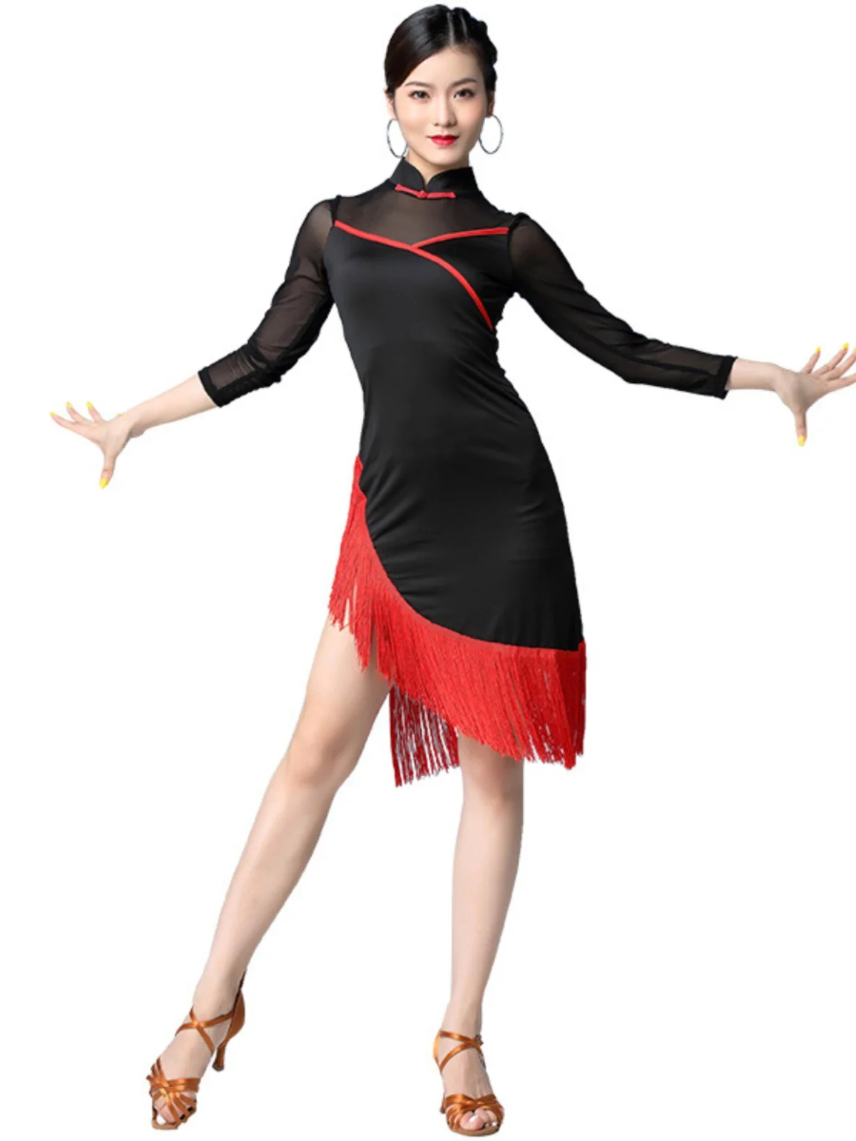 

Новое платье для латинских танцев, бальных танцев, сетчатое Cheongsam с бахромой, тренировочная одежда, женская одежда для подиума