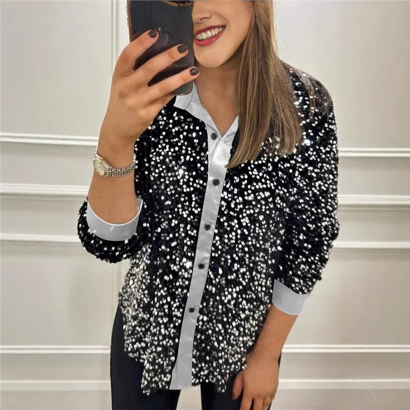 

2025 Spring and Autumn Fashion Long Sleeve Loose Casual Sequined Shirt