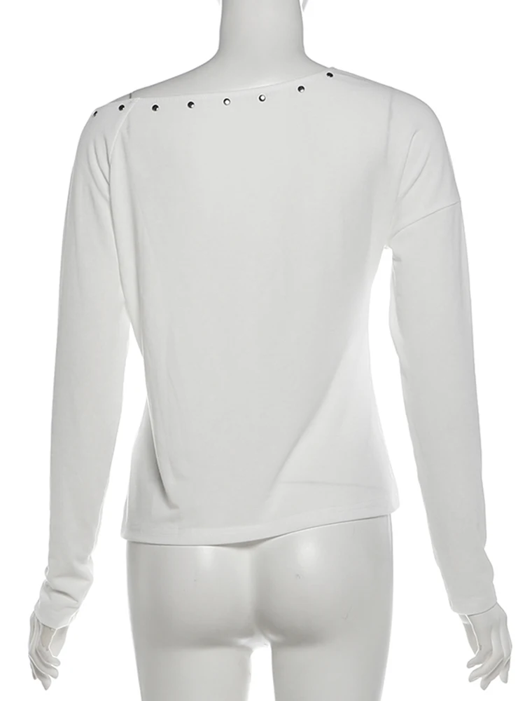 Weird Puss T-Shirts mit schrägem Kragen für Damen, schlicht, schulterfrei, langärmelig, modisch, klassisch, Herbst, lässig, vielseitig kombinierbar, Streetwear – Detail 5