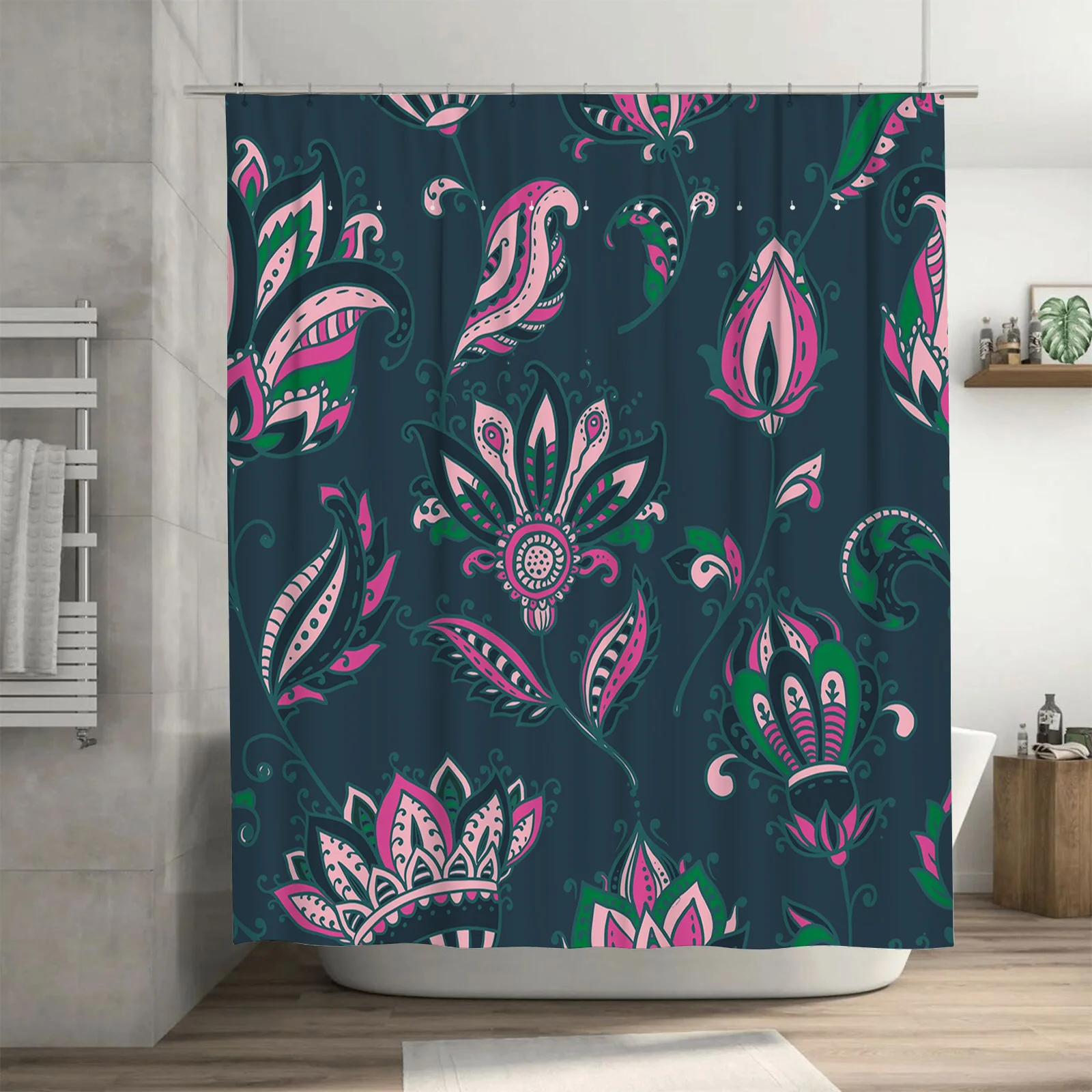 ستارة دش مطبوعة بالزهور نابضة بالحياة، ديكور حمام مقاوم للماء لتزيين غرفة المعيشة المنزلية، أخضر وردي أسود أرجواني (Bl) #2