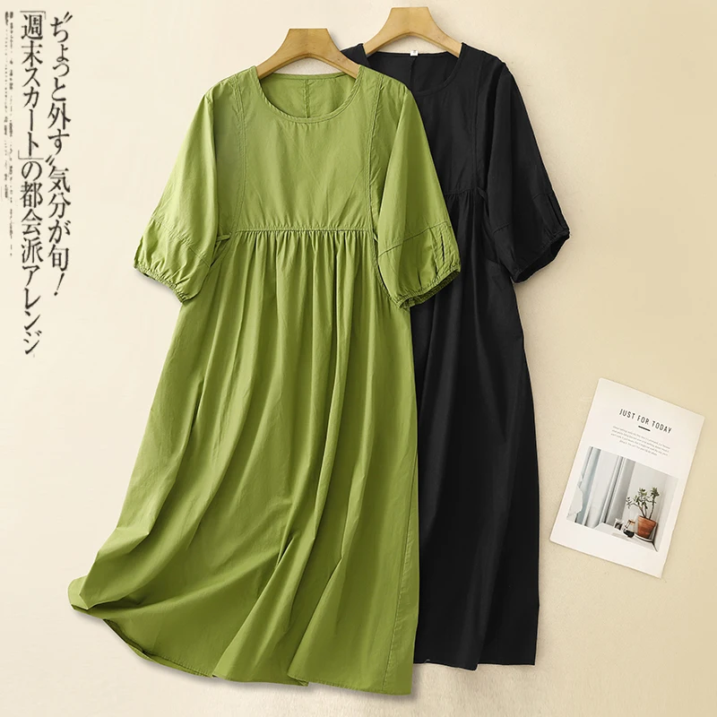 Robe longue en coton et lin pour femmes, couleur unie, ample, col rond, manches courtes, confortable, décontractée, Simple, amincissante, grande taille, été, N754