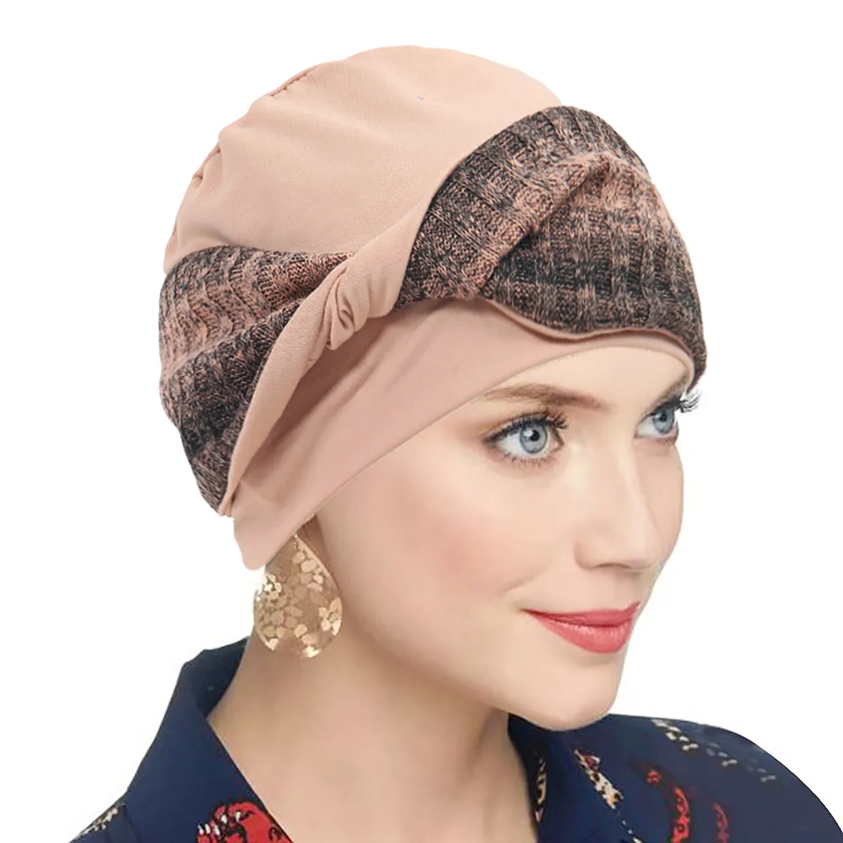 2pcs Women Color Block Twist Turban Hat Knitted Spliced Soft Stretchy Head Wrap Cap Fashion Beanie Hat For Ladies Headwear