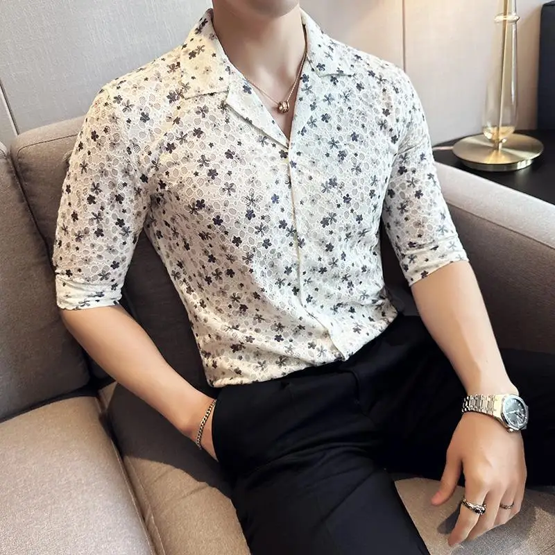 Summer Cuban Collar Lace Cut Out Shirt Men Handsome Half Sleeve Suit Collar Shirt Fashion Streetwear Social Party Tuxedo Blouse