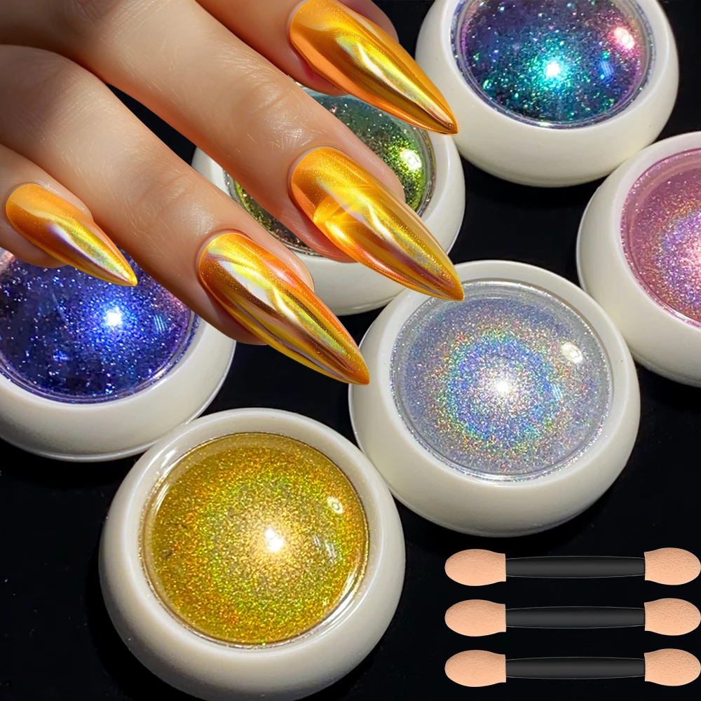 Polvo holográfico para uñas cromado de arcoíris, pigmento de espejo metálico láser Aurora, efecto camaleón dorado y plateado, polvo para frotar uñas, 6/8 Uds.