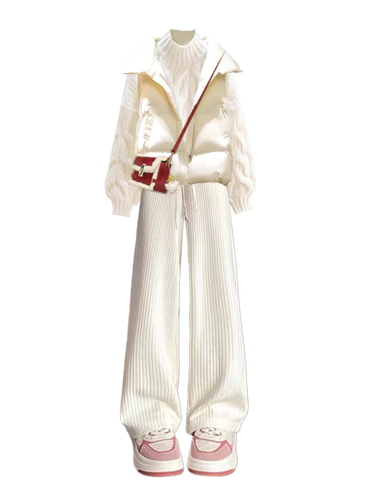 Zimowy dzianinowy komplet: golf, kamizelka, top, spodnie z szerokimi nogawkami, koszulka, styl koreański, casual, wysoka jakość, moda damska.