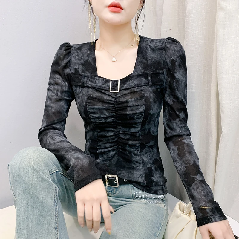 Czarny, koreański, styl, siateczka, koszulka, szykowny, seksowny, kwadratowy kołnierzyk, drukuj, drapowany, łączony, elastyczny, cienki, damski, topy, długi rękaw, koszulki, nowy, 51301