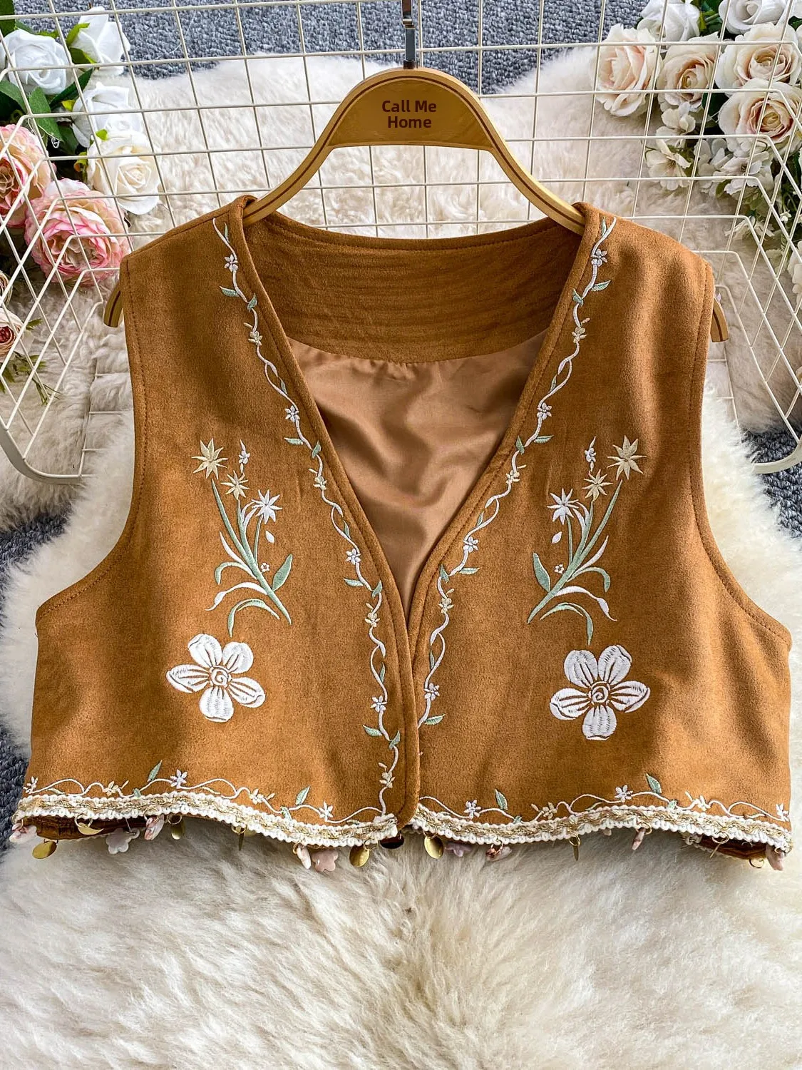 

Brown Embroidered V-Ne Vest Women's Holiday Sle Knitted Tassel Slimming Deer Skin Velvet ort Top Commute Faion
