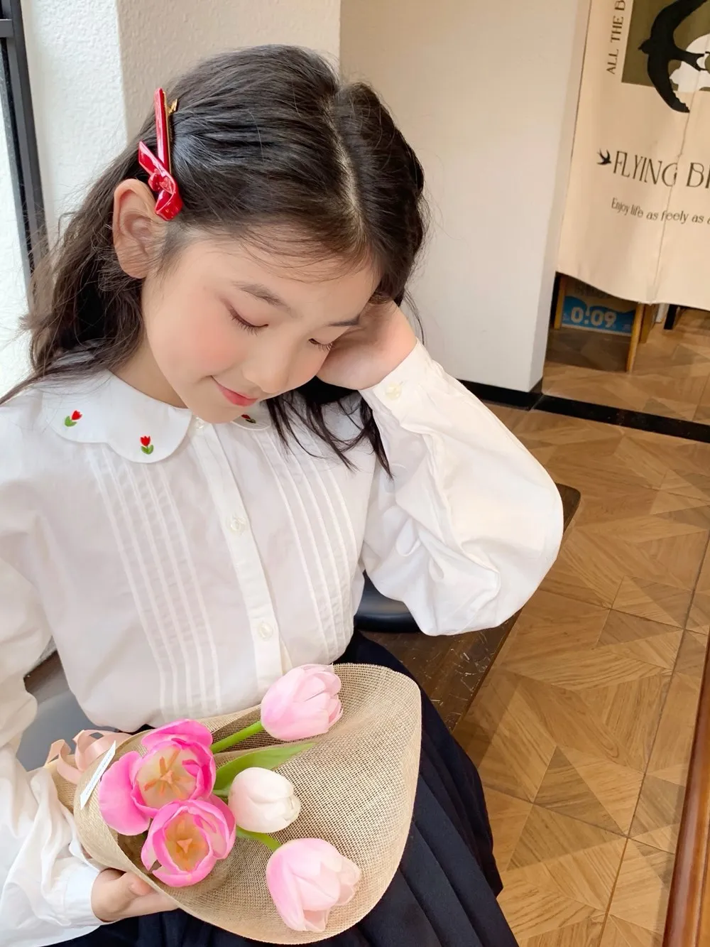 Autumn kids girls clothes cotton white shirts baby girl tops Petal shape Flower Embroidered Collar Shirt