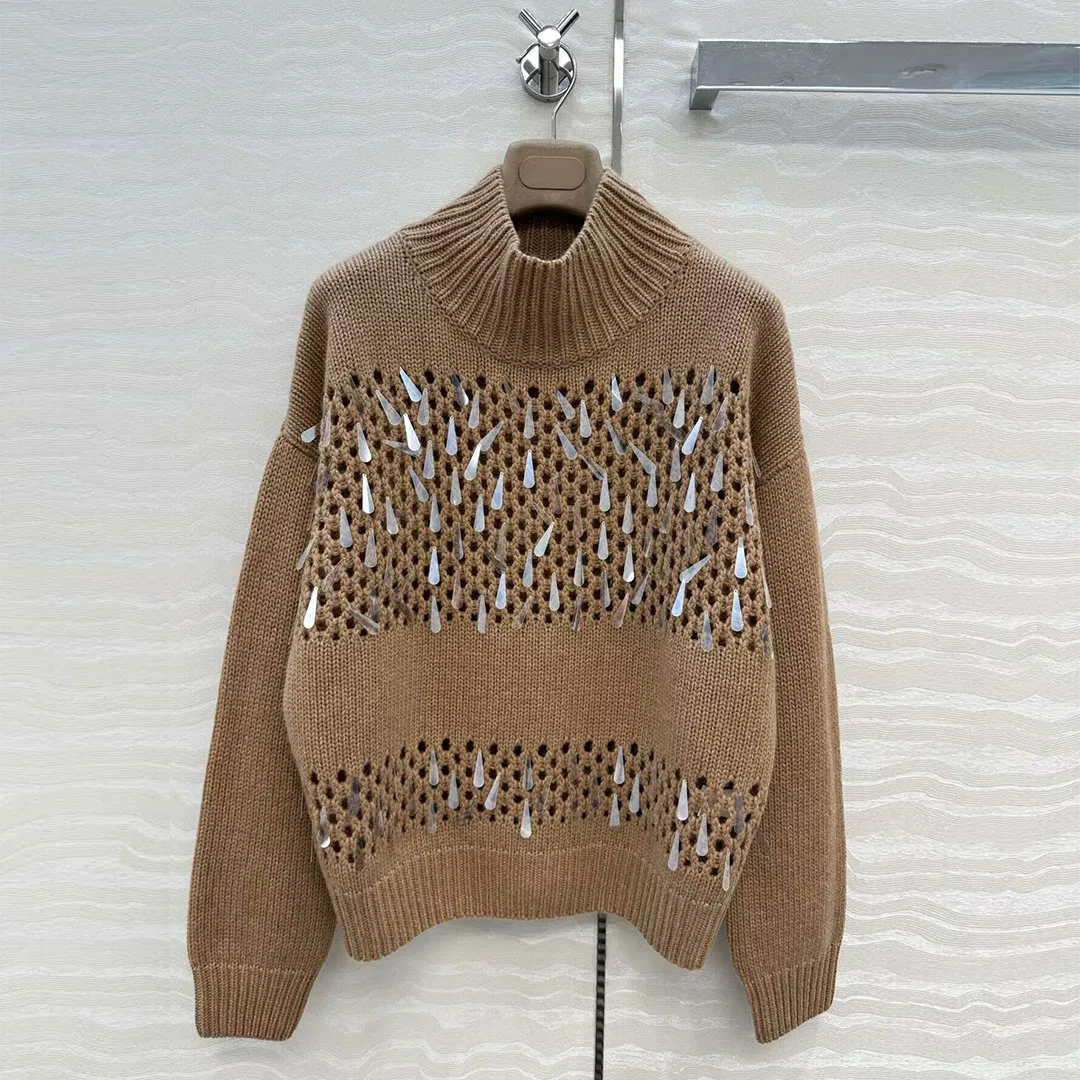 

New Autumn Luxury Handmade Water Droplet Sequins Hollow Out Cashmere Knit Pullover Women Stand Collar Solid Color Loose Sweater