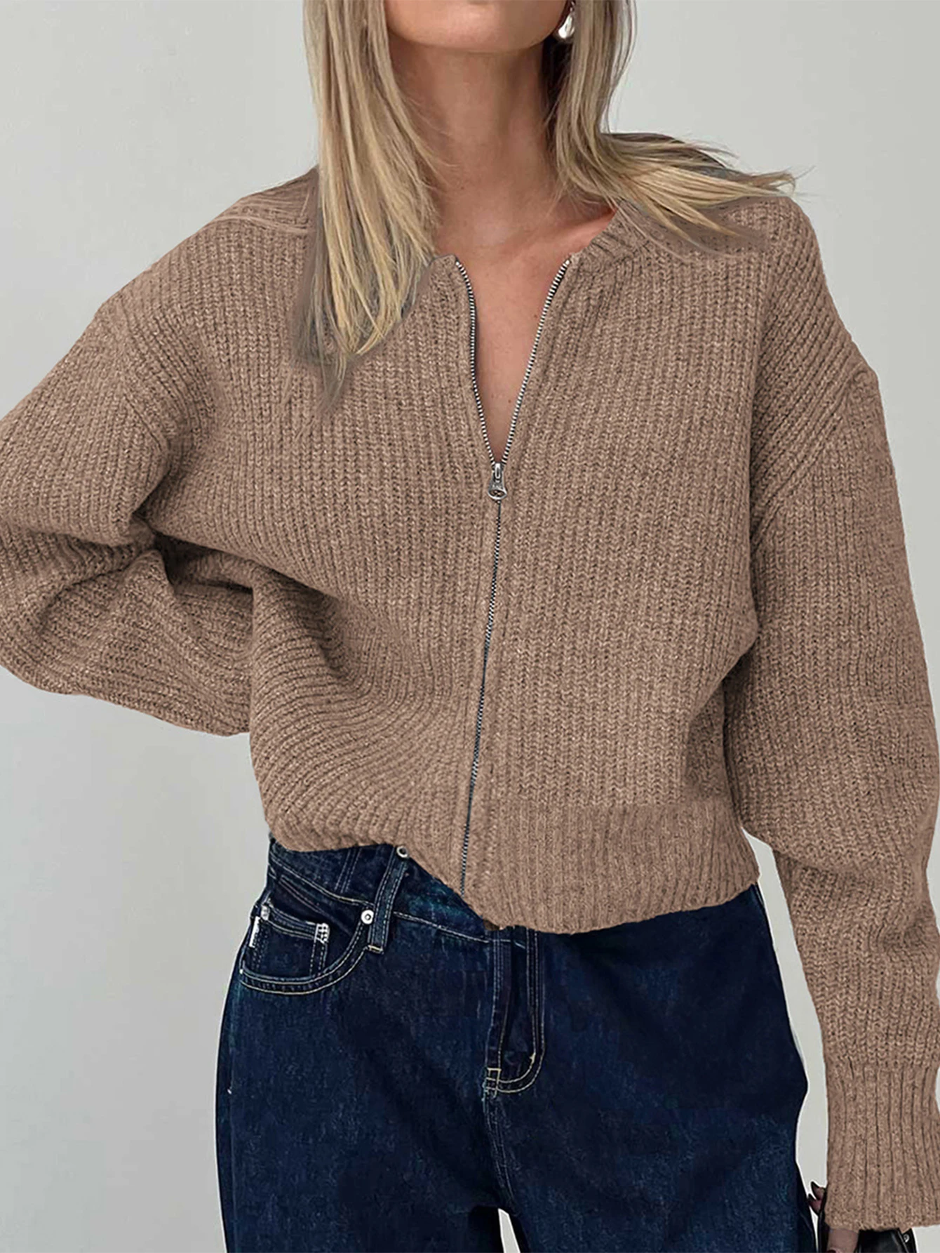 Langarm-Cardigan, Rundhalsausschnitt, lockere Passform, normale Ärmel, Knopfdekoration, Pendler-Stil, offene Damen-Cardigan