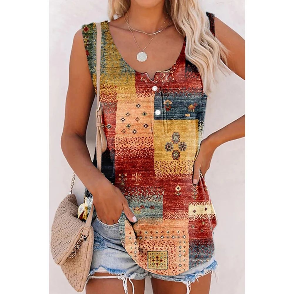 Plus Size Casual Brick Red Colorblock Artistic Graffiti Print Button Tank Top Round Neck Shirts