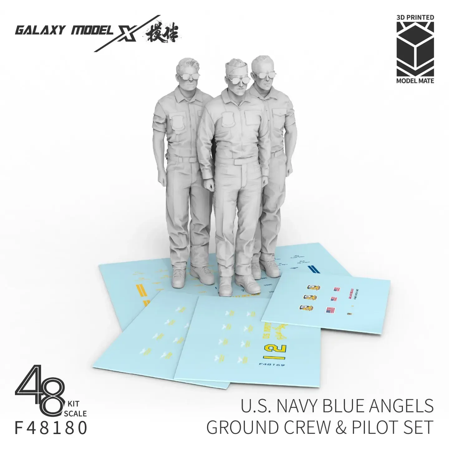 Galaxy Model U.S. Navy Blue Angels Ground Crew & Pilot Set (3 FIGURES) 1/48 with Decal F48180 3D Resin Printed Hobby Diorama
