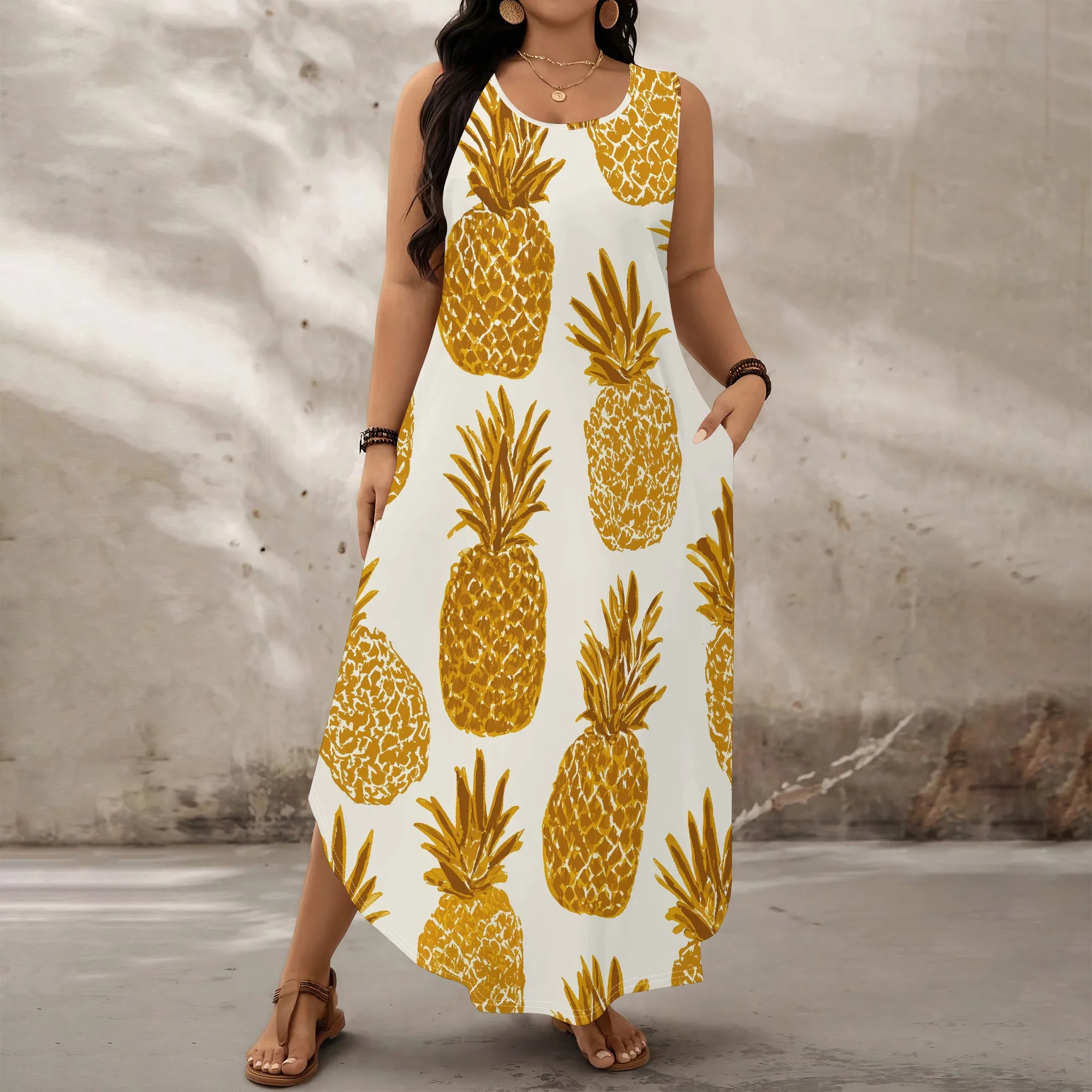 

Plus Size Yellow Pineapple Print Dress XL-6XL Sleeveless Summer Beach Vacation Look or Tropical Casual Style