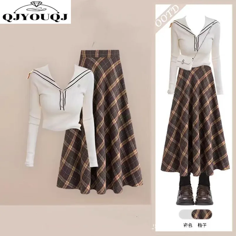 

Fashion Women's Set Spring and Autumn Hanging Neck Long Sleeve Knitted Shirt Checkered Half Skirt Two Piece Set