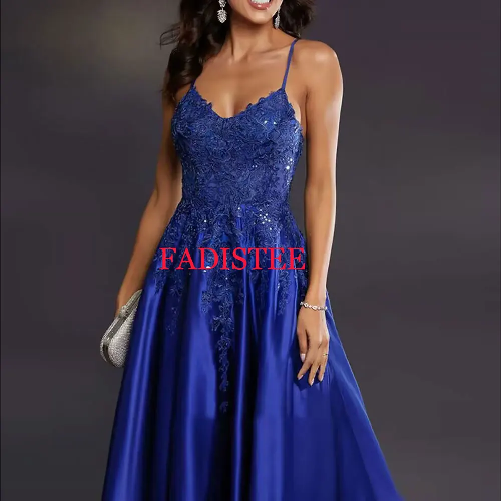 Customized Spaghetti Straps Sleeveless Prom Dresses Lace Appliques A-line Floor Length Sexy Open Back Lace-up Women Party Gowns image 4