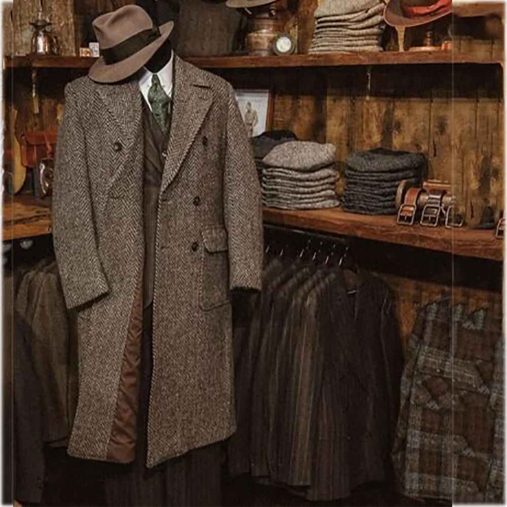 

Classic Herringbone Man Suit Jacket High Quality Double Breasted British Style Elegant Blazer 1 Piece Daily Wear Long Coat