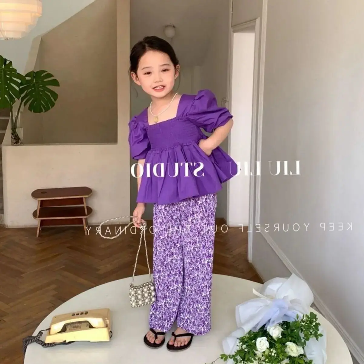 Teenage Girls Summer Suit Fashion Bubble Sleeve Top Wide Leg Pants 2Piece Girls Short Sleeve Shirt Children\'s Baby Clothes Set