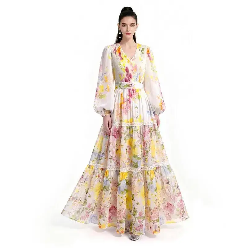 Waist Cinched Maxi Dress Elegant Printed Long Skirt V Neck Lantern Sleeve Polyester Fabric Cross-Border Women's Fashion Dress
