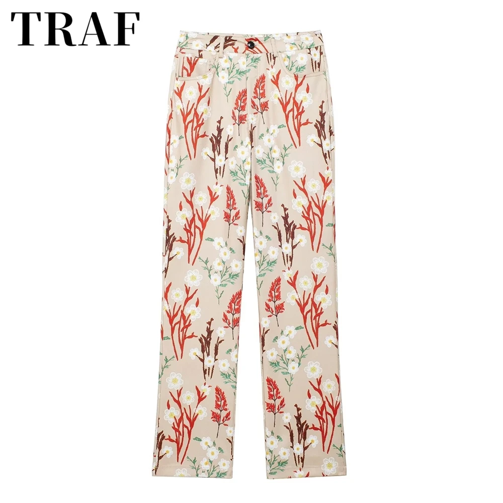 TRAF2024 Summer New Women\'s Fashion Design Sense Versatile Retro Print High Waist Straight leg Pants