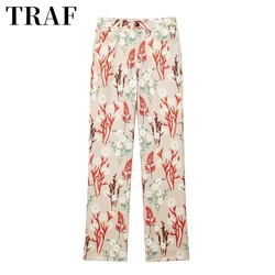 TRAF2024 Summer New Women's Fashion Design Sense Versatile Retro Print High Waist Straight leg Pants