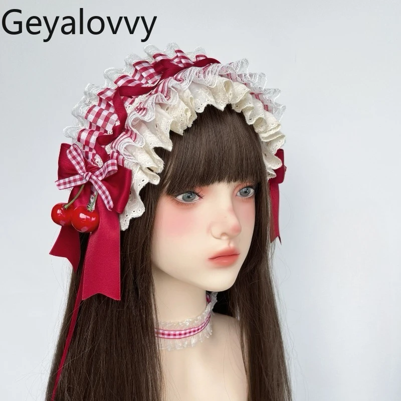 

Japanese Lolita Handmade Small Sun Hat Straw Hat Wine Red Plaid Bow Hairband BNT Sweet Girls Versatile Hair Accessories