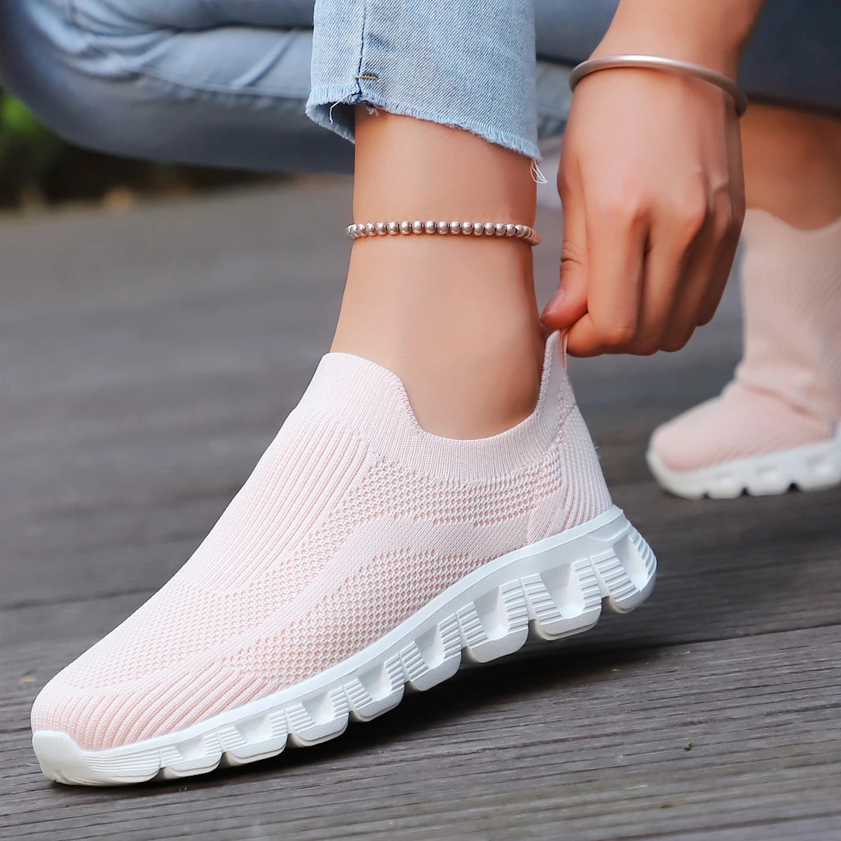 Mesh Knitted Striped Flats Shoes for Women 2025 Summer Lace Up Casual Sneakers Woman Breathable Soft Sole Loafers Plus Size 43