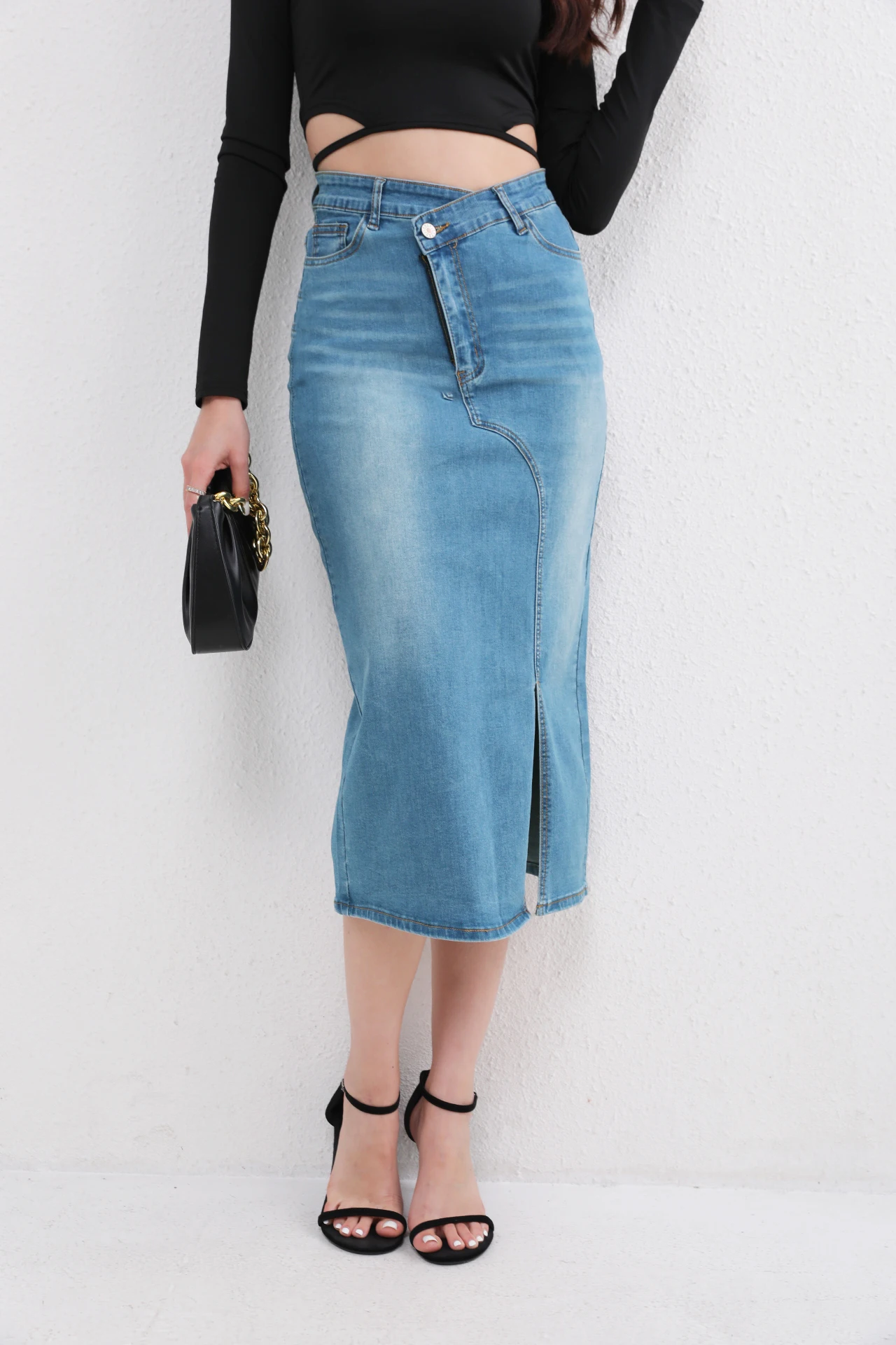 

ZMTUO Denim Skirt High waisted Asymmetric front Slit Detail Women's summer Fashion Y2K style