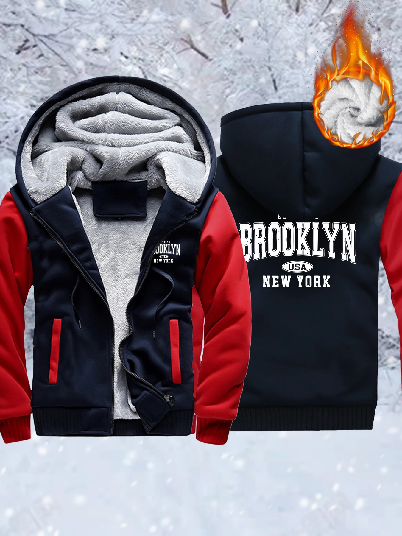 

Brooklyn New York City Est 1998 Printed Men Thicken Hoodies Oversized Pocket Coats Winter Zipper Clothes Casual Fleece Jacket