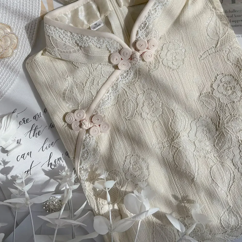 

White Lace Improved Cheongsam Women Summer 2021 New Style Simple Elegant Retro Young Girl Daily Dress