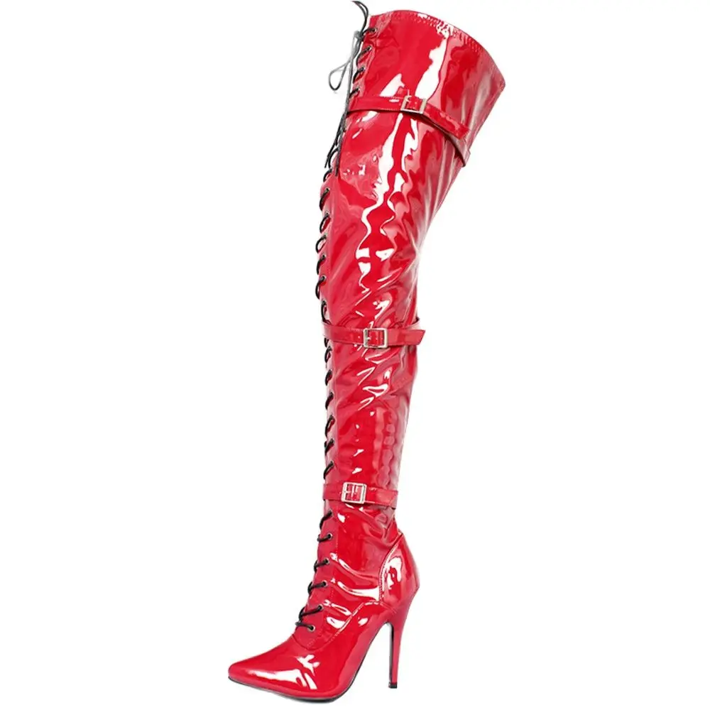 Women Sexy PU Leather 12CM Super High Heel Pointed toe Cross-tied Buckle Straps Over-the-Knee Thigh Long Boots