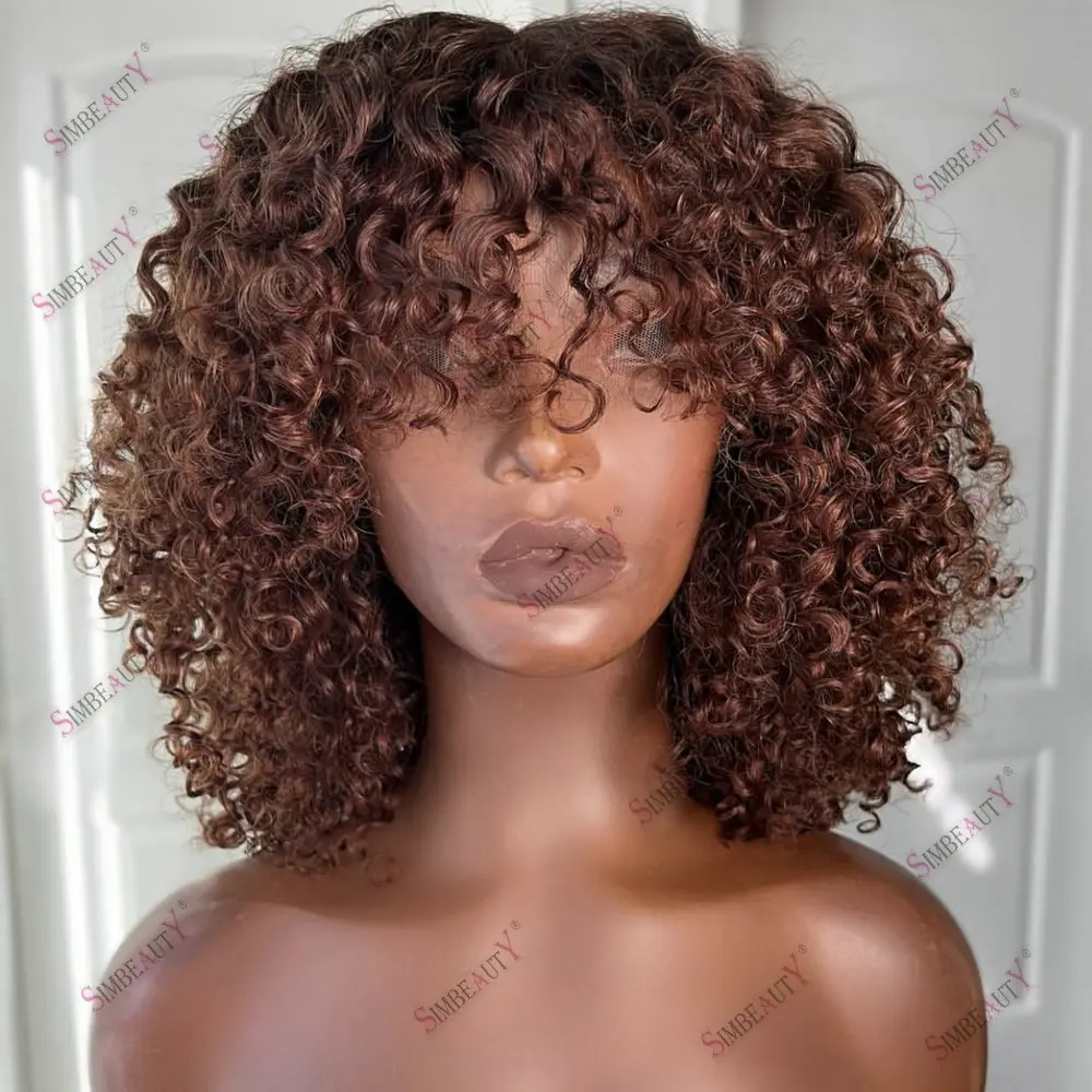 

Glueless Kinky Curly Chestnut Brown 13x4 360 Lace Frontal Wigs Human Hair with Bangs for Women Full Lace Wigs 100% Human Hair