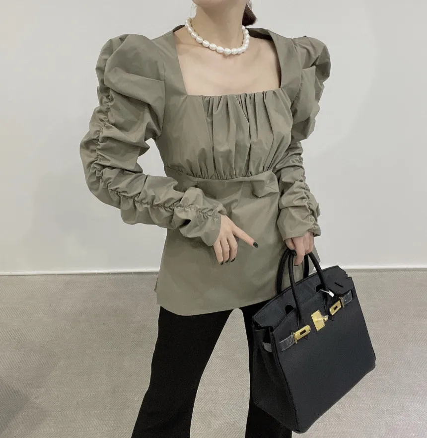 REALEFT 2022 New Spring Pile Sleeve Women's Blouse Sqaure Collar Casual Loose Female Blouse Solid Chic Tops Workwear Shirts