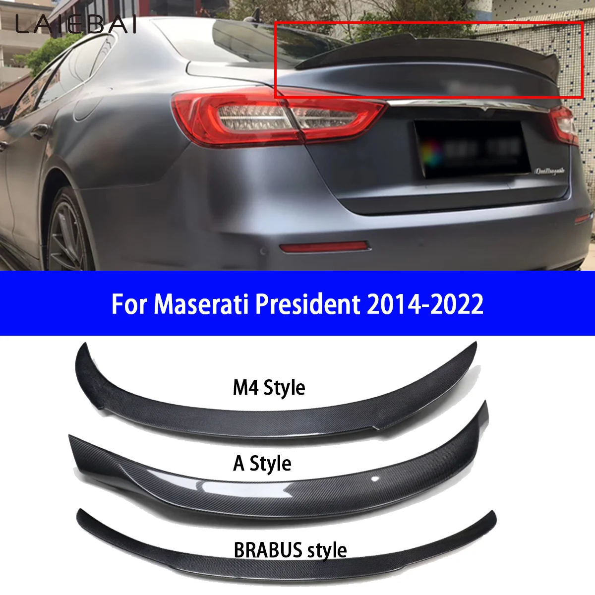 For Maserati President 2014-22 M4/Brabos Style Carbon Fiber Fixed Wind Pressure Tail Wing Non-destructive Adhesive Installation