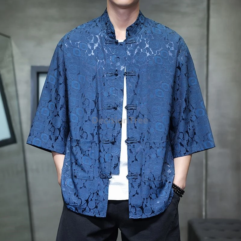 2025 النمط الصيني رقيقة الحرير الجليد قميص رجالي الرجعية الراقية المألوف الجاكار تانغ دعوى قميص صيفي أنيق متعدد الاستخدامات