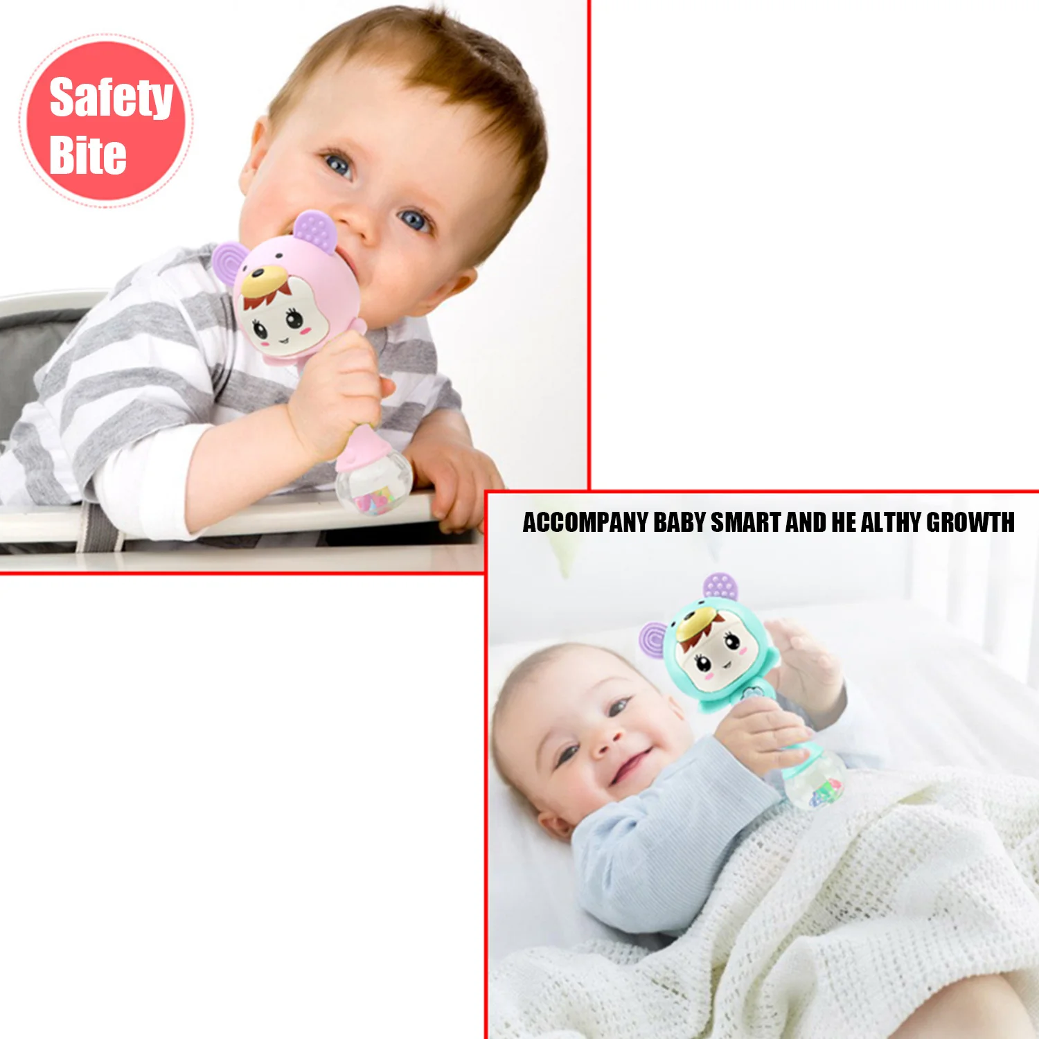 Cute Cartoon Rattle Shaker Toy Infant Handheld Molar Stick Teether Musical Toy with Colorful Light Effect for 0-1 Year Toddlers