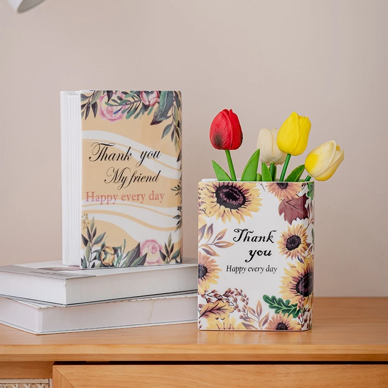 Modern Ceramic Book Vase With Quote And Floral Pattern For Living Room Table Decor Minimalist Desktop Flower Pot For Home