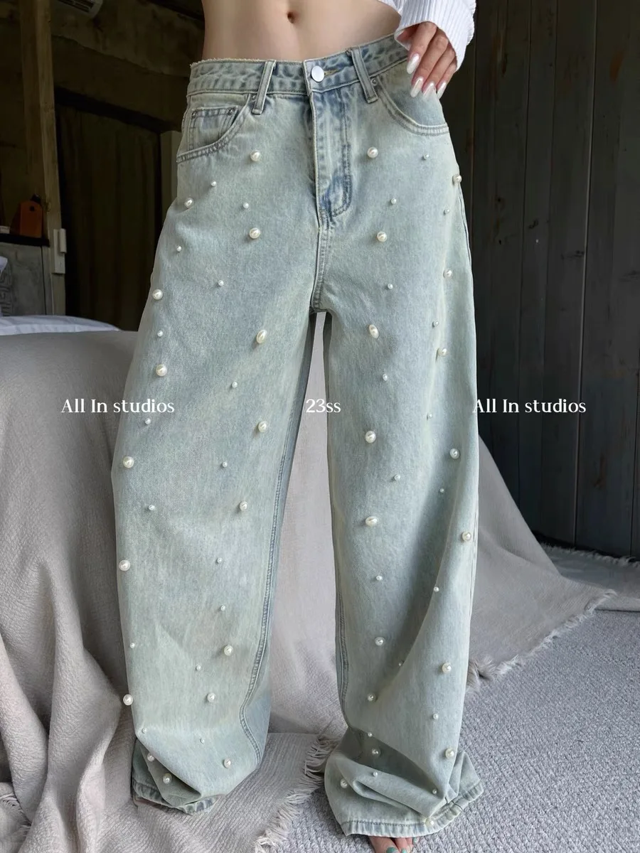 Korean Fashion Jeans for Women 2023 Spring New Heavy Industry Beads Retro Washed High Waisted Jeans Wide Leg Mopping Pants Women