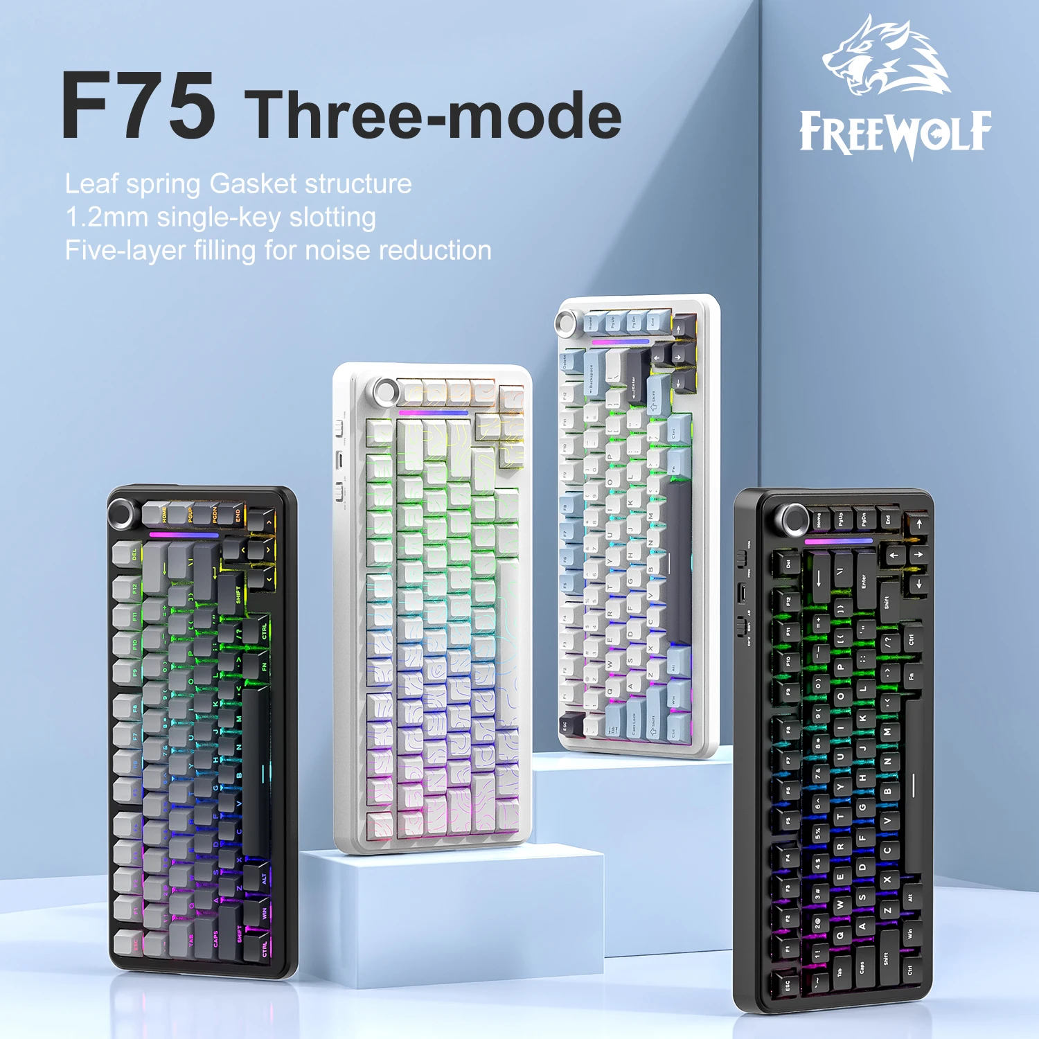 

Беспроводная игровая механическая клавиатура F75 RGB, индивидуальная серебряная ось луны, раскладка 75%, колпачки для клавиш из ПБТ с боковой гравировкой