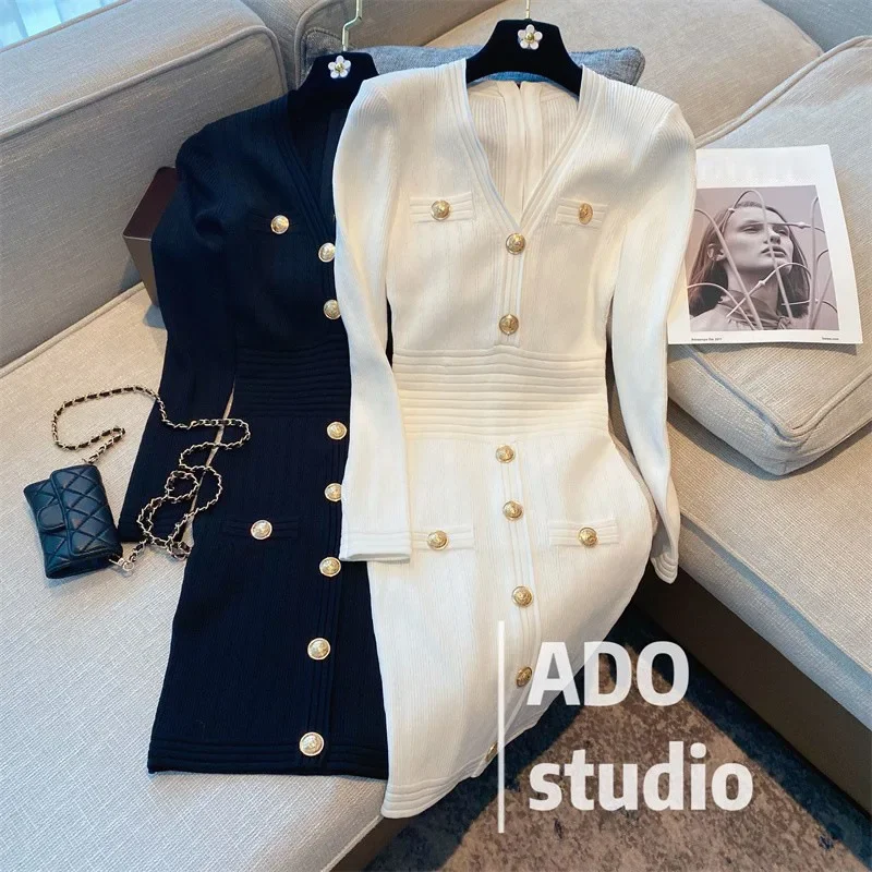 Elegant Long Sleeve Tweed Style Knit Dress Women's Autumn 2023 New V-neck Waist-fitted Slimming Dress Black