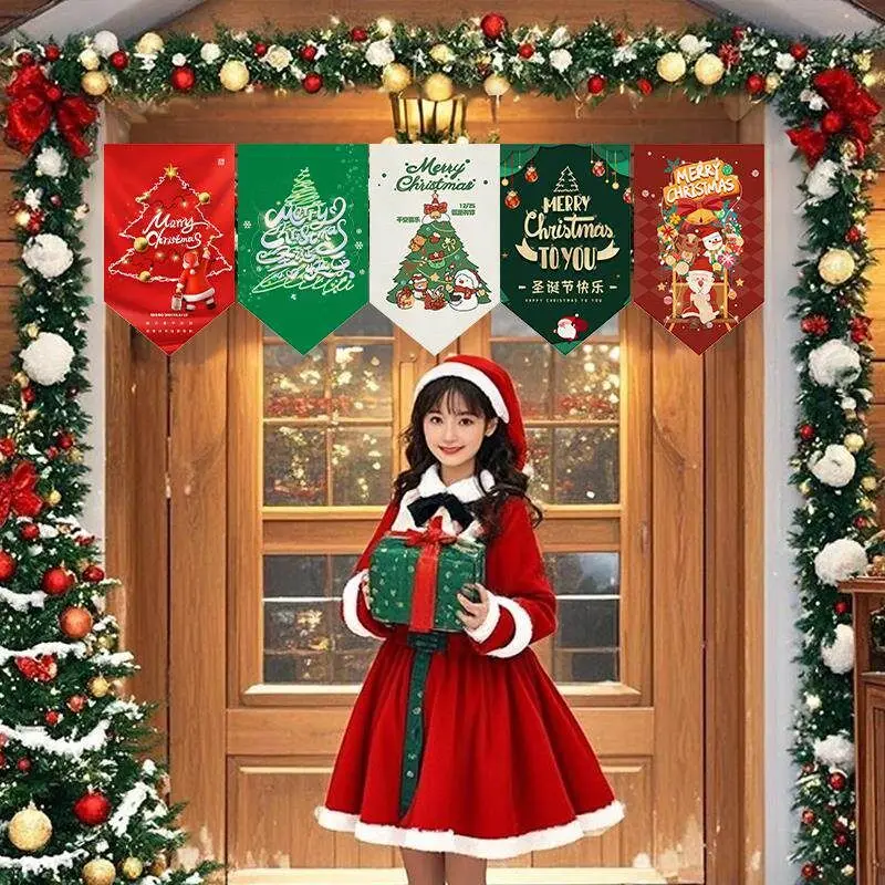 VIKAMA Merry Xmas Door Triangle Flag Curtain, Tree & Santa Wreath Greeting Print Bunting Pennant for Entryway Party Decor