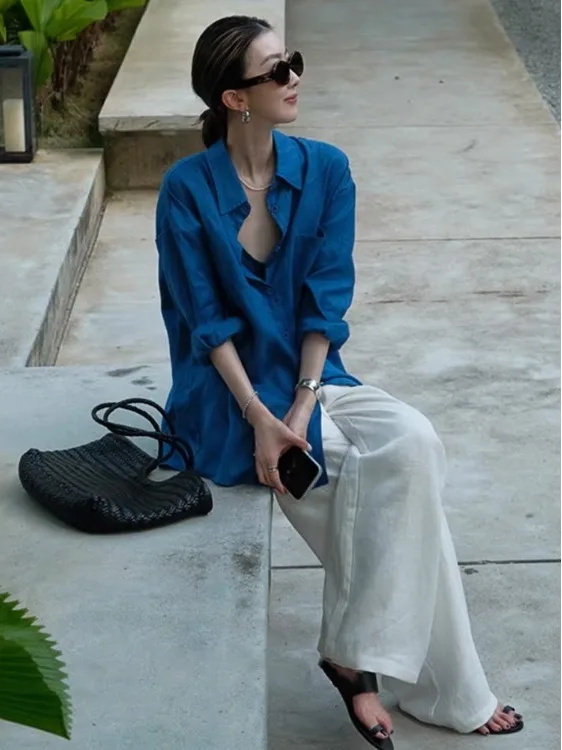 E Csa de Lino de Manga Larga, Ajuste Hoado, ra, de Aodón y Lino, Csa Azul Versátil, Estilo Cárdigan Abie...