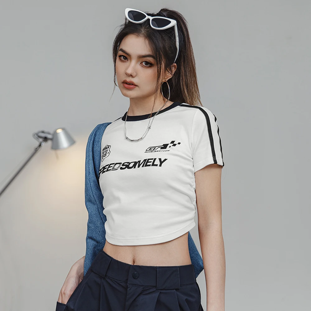 

Maden Letter Printed T-shirt for Women Slim Shirring Crop Top Summer Cotton T Shirt Comfortable Short Sleeve Black and White Tee