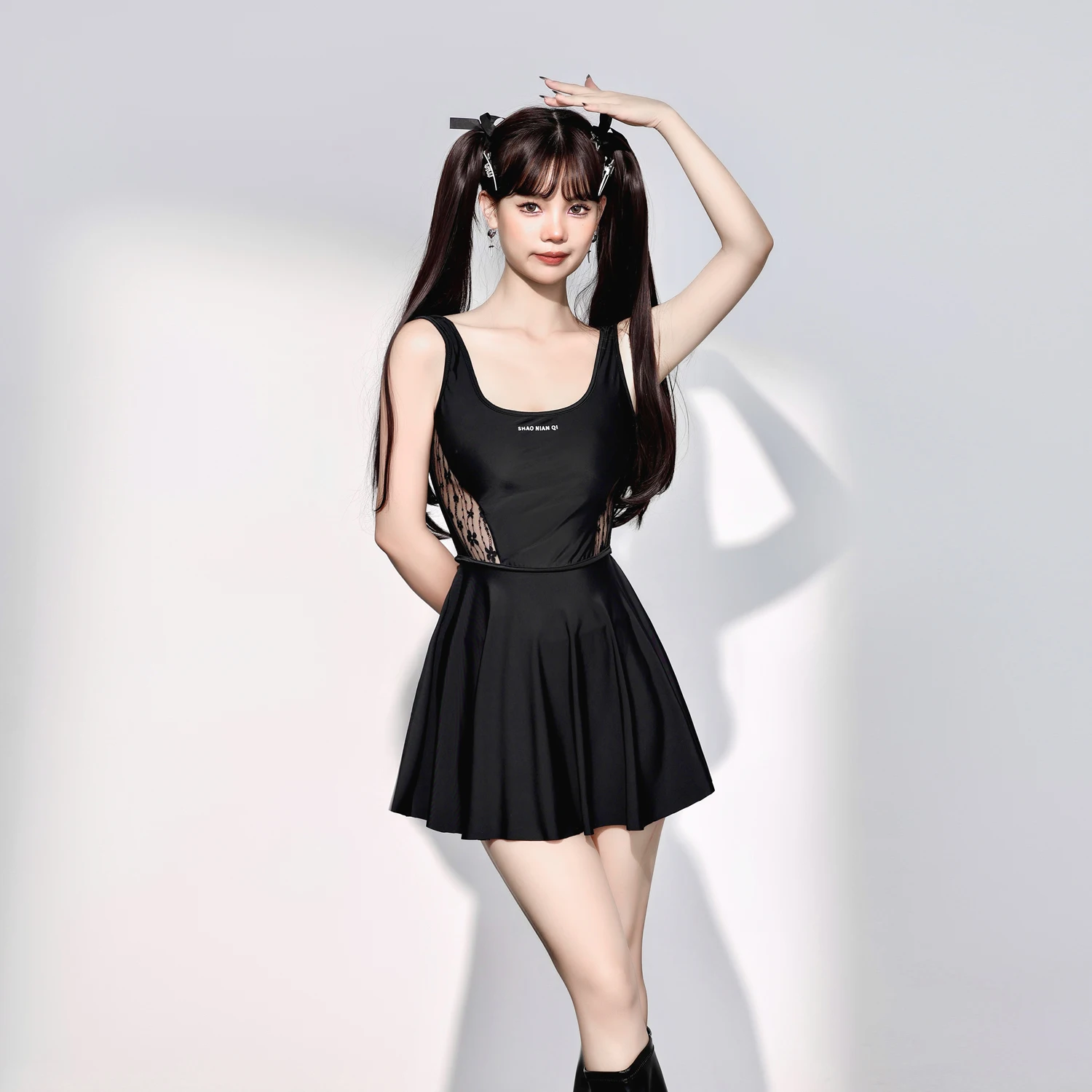 New Black Sports Conservative Leisure Dress Swimsuit Girls Elegant Gauze Splicing Beach Seaside Vacation Simple Vest Swimwear