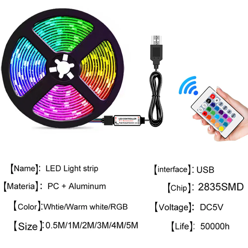 USB RGB LED Strip Light 5V SMD2835 remote control 16 colors flexible lamp DIY room TV Background computer Decoration Lighting