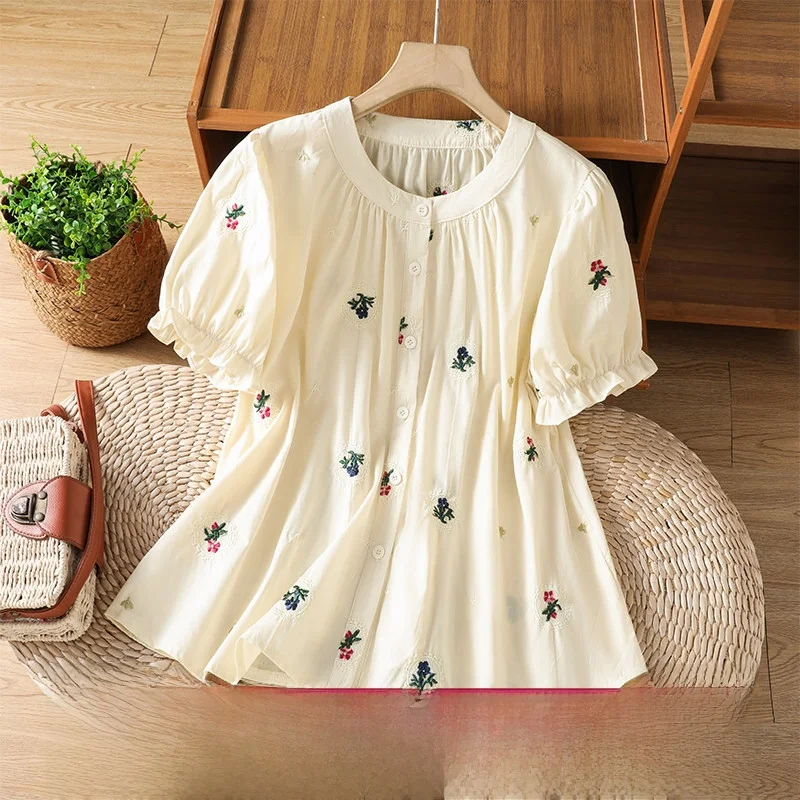 

Simple Embroidered Bubble Sleeve Shirt Women's Loose Cotton Polyester Blend Short Sleeve round Neck Open Cardigan Style Summe...